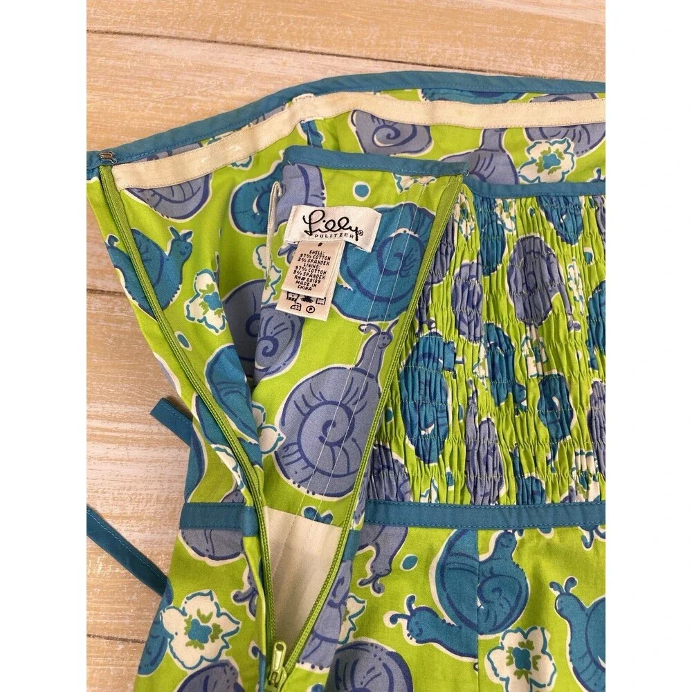 Lilly Pulitzer Strapless Dress Green Blue Snails Print Open Back Sz 8 - Picture 7 of 12